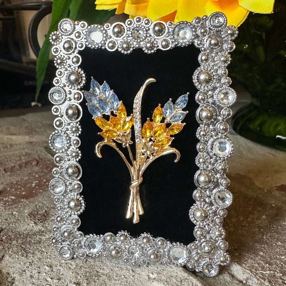 Framed Jewelry Gold Tone Blue and Gold Wheat Rhinestone Brooch/Pin in Mini Frame